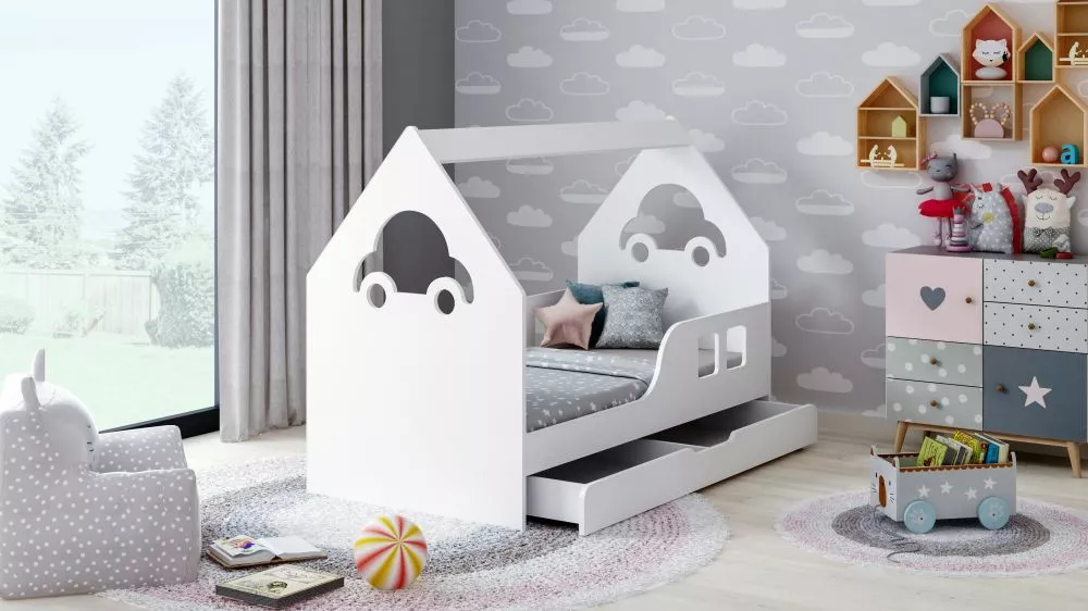 Bērnu gulta House Comfort ar stelāžu Guļamvietas platums: 70 cm, Guļamvietas garums: 140 cm, · 74.5 × 145 × 106 cm