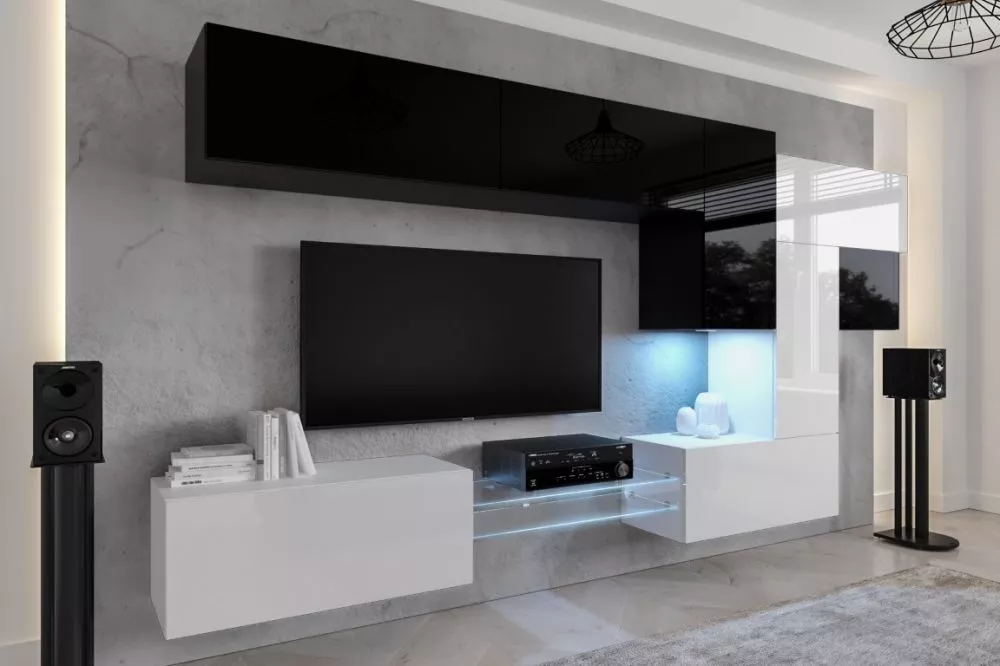 Sekcija Next AN92 gloss ar LED · Melns + balts · 303 × 35 × 206 cm