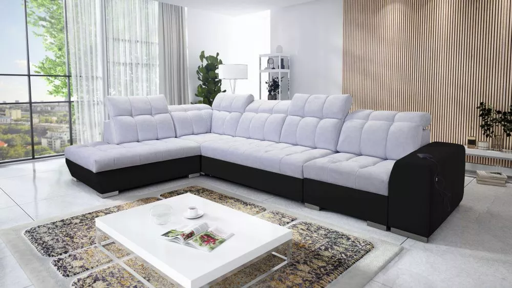 Dīvāns Pagano 11 Premium Standard · Gaiši pelēks + melns · 225 × 360 × 83 cm