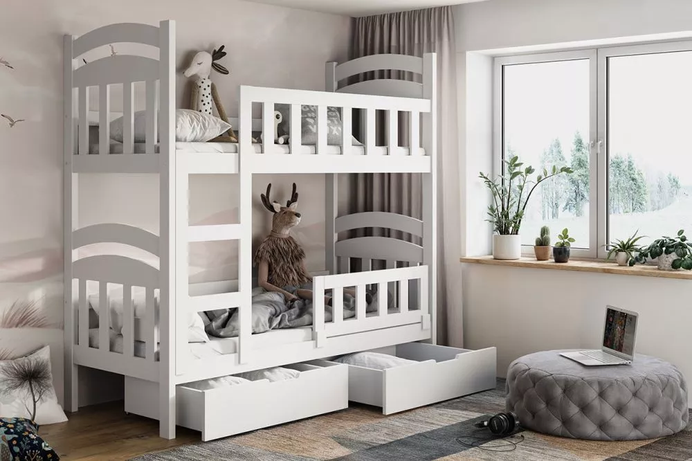 Bērnu gulta Damian 2 ar stelāžām Guļamvietas platums: 75 cm, Guļamvietas garums: 160 cm, · Balts · 81 × 168 × 160 cm
