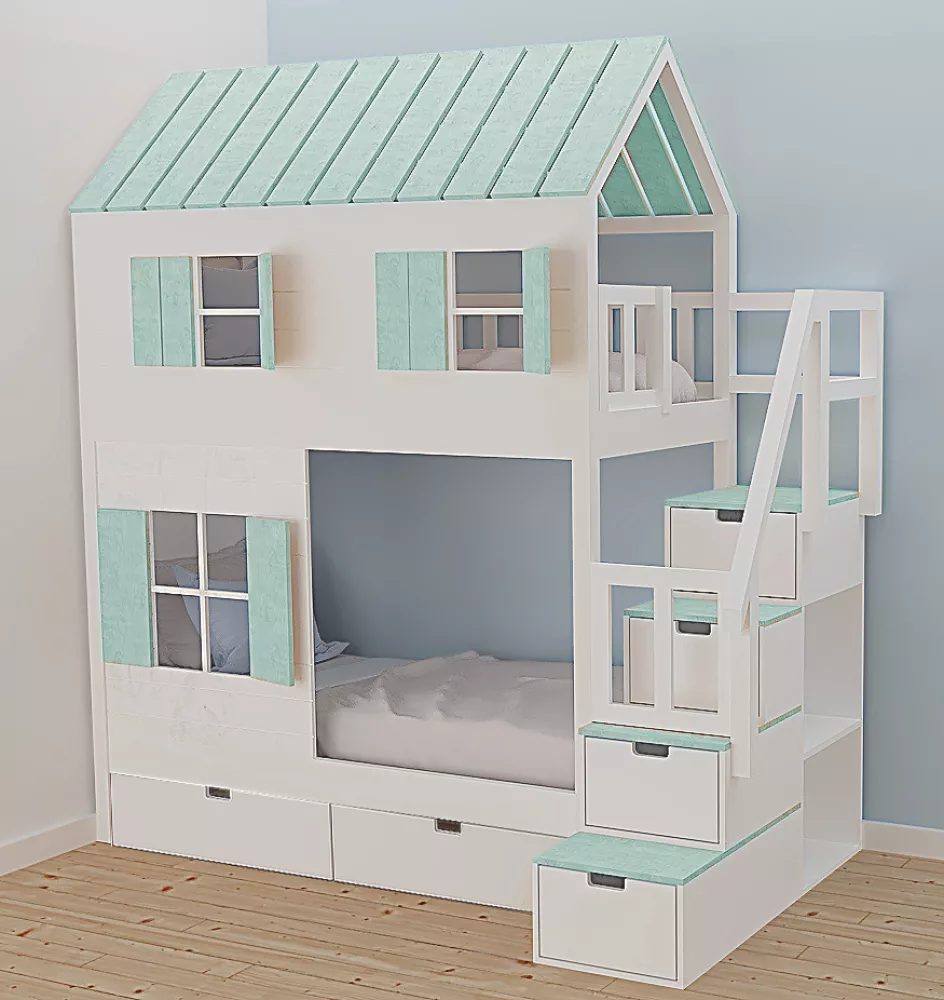 Bērnu gulta 102P ar stelāžām Kāpņu puse: Pa labi, Guļamvietas platums: 80 cm, Guļamvietas garums: 160 cm, · 112 × 207 × 