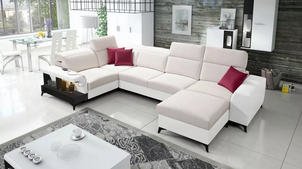 Dīvāns Belutti 4 Satin Black Standard ar LED · Krēma + balts · 212 × 362 × 84 cm