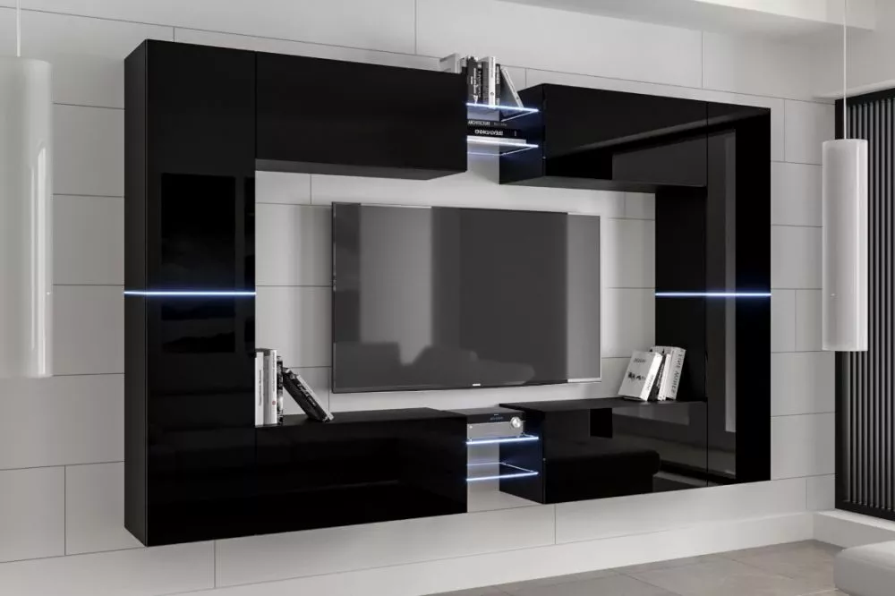 Sekcija Concept 20N gloss ar LED · Melns · 290,6 × 35 × 182,5 cm
