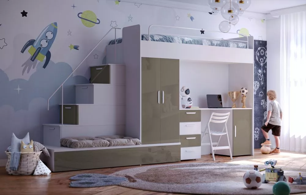 Bērnu gulta Raj 5 W gloss ar stelāžu Guļamvietas platums: 80 cm, Guļamvietas garums: 200 cm, · 85 × 324 × 180 cm