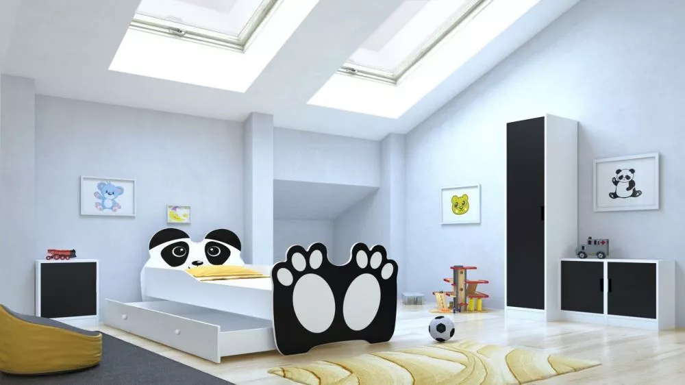 Bērnu gulta Panda ar stelāžu Guļamvietas platums: 80 cm, Guļamvietas garums: 160 cm, · Balts + melns · 90 × 160 × 70 cm