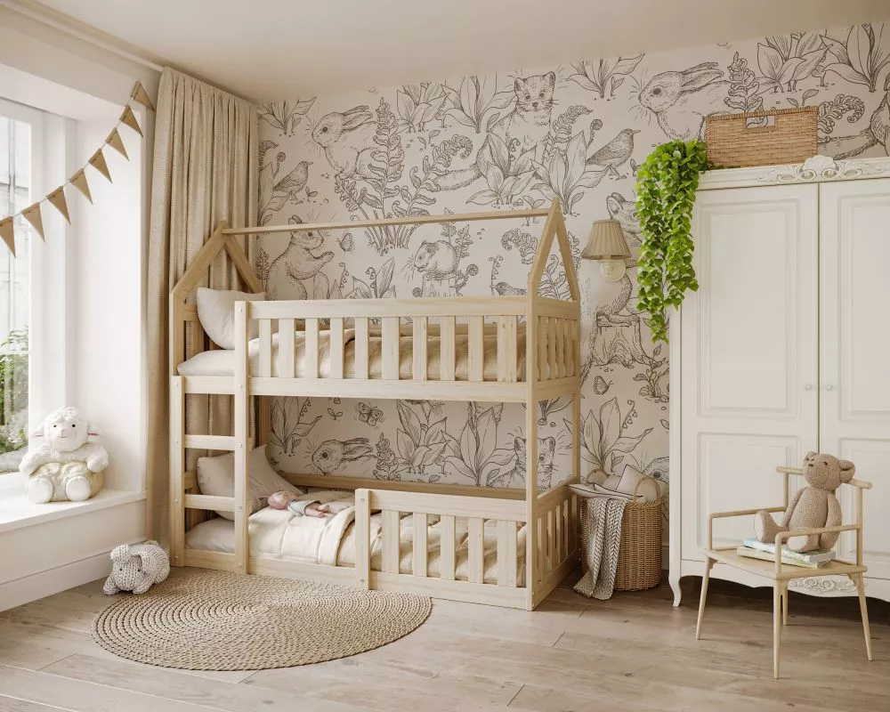 Bērnu gulta Domek Mini 80x190 ar stelāzām Guļamvietas platums: 80 cm, Guļamvietas garums: 190 cm, · Priede · 84 × 194 × 