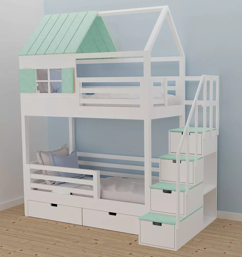 Bērnu gulta 106P ar stelāžām Kāpņu puse: Pa labi, Guļamvietas platums: 80 cm, Guļamvietas garums: 160 cm, · 112 × 212 × 