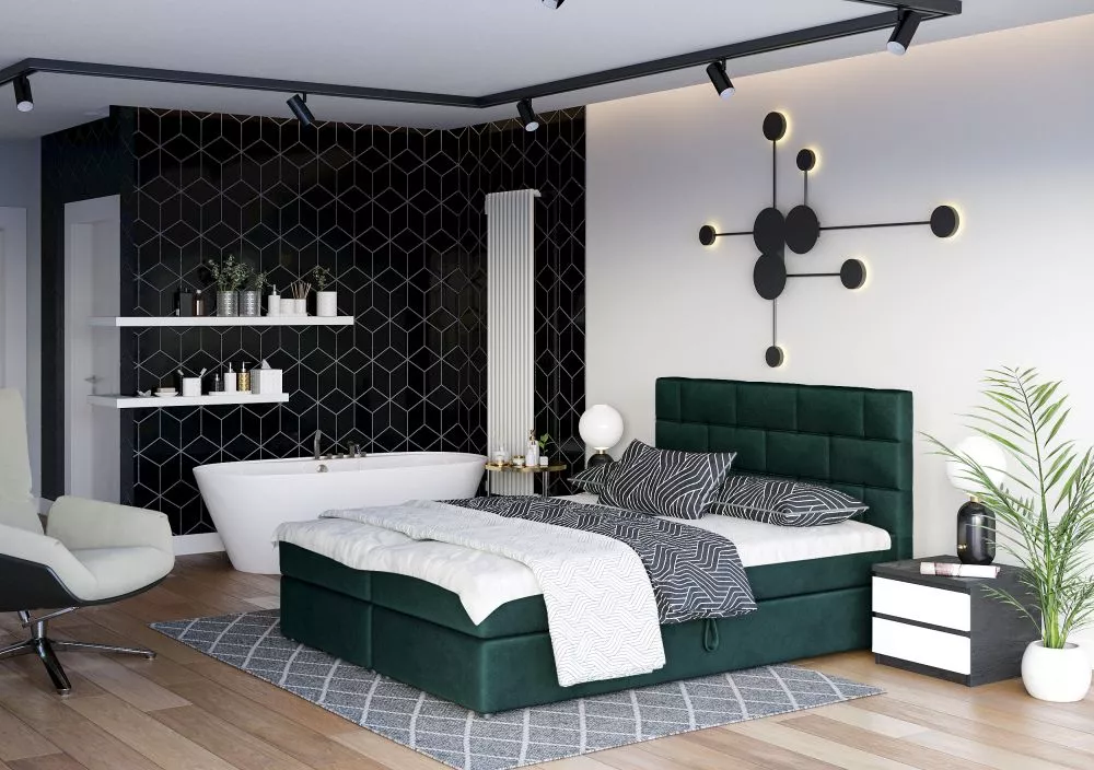 Gulta Wall Boxspring Standard Guļamvietas platums: 140 cm, Guļamvietas garums: 200 cm, · Tumši zaļš · 145 × 208 × 106 cm