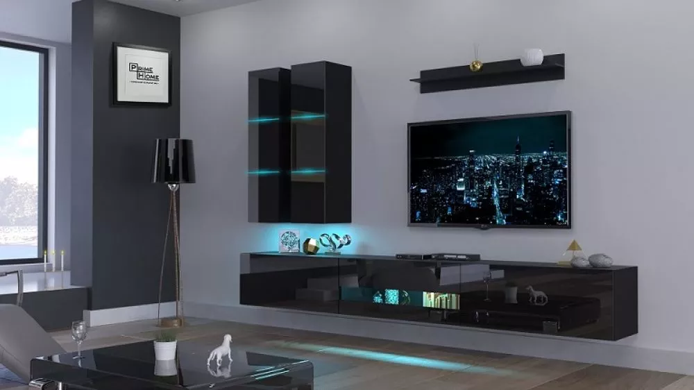 Sekcija Next 56 gloss ar LED · Melns · 273 × 35 × 200 cm