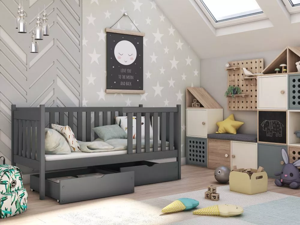 Bērnu gulta Alicja Premium ar stelāžu Guļamvietas platums: 90 cm, Guļamvietas garums: 200 cm, · Grafīts · 97 × 208 × 96 