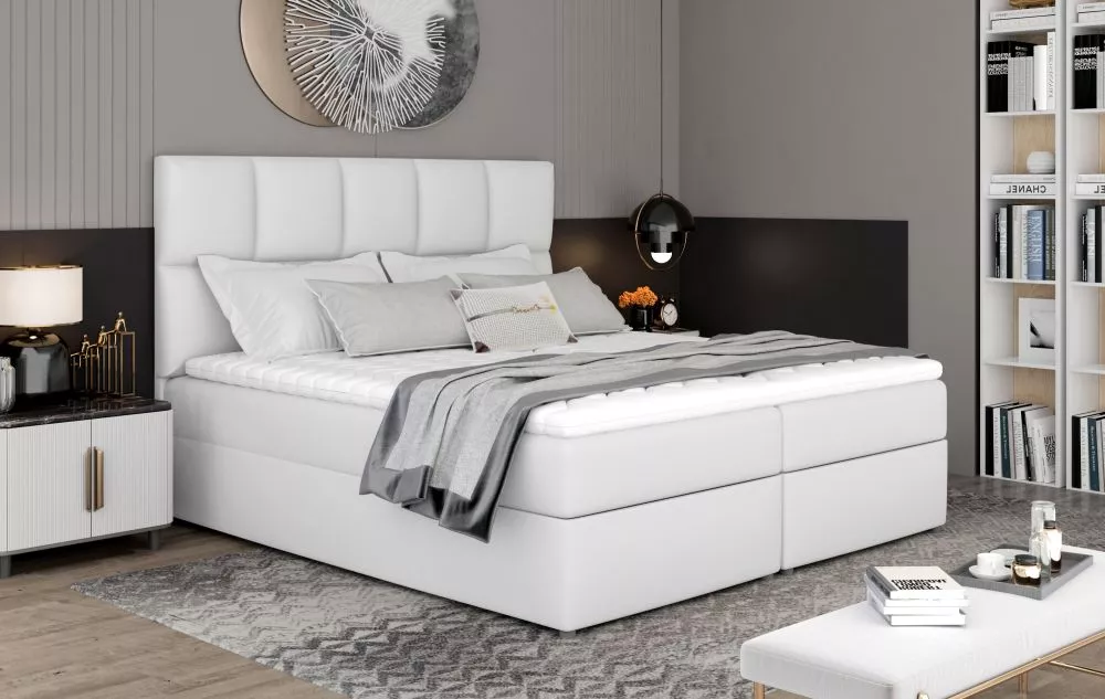 Gulta Glossy Boxspring Standard Guļamvietas platums: 180 cm, Guļamvietas garums: 200 cm, · Balts · 185 × 210 × 124 cm