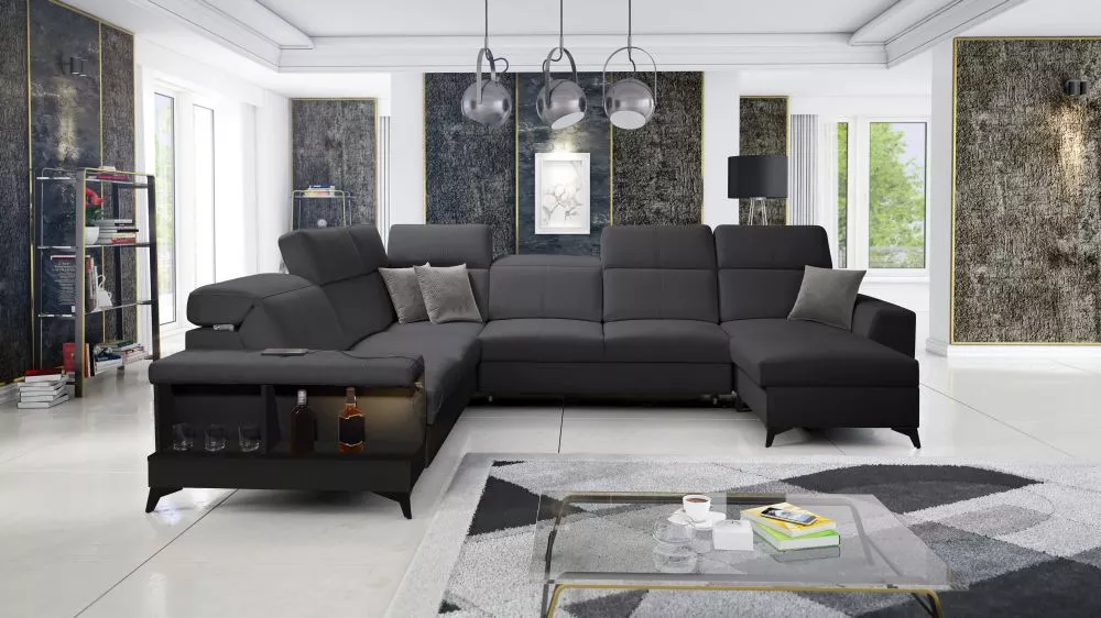 Dīvāns Belutti 8 Satin Black Standard ar LED · Grafīts · 288 × 362 × 84 cm