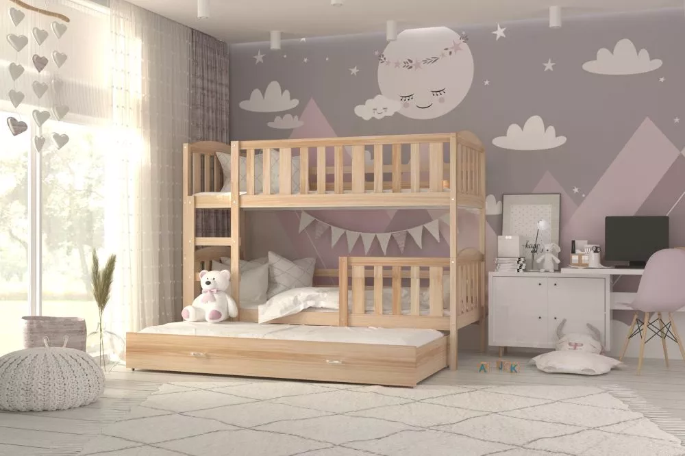 Bērnu gulta Kubus 3 90x200 ar stelāžām Guļamvietas platums: 90 cm, Guļamvietas garums: 200 cm, · Priede · 96 × 208 × 158