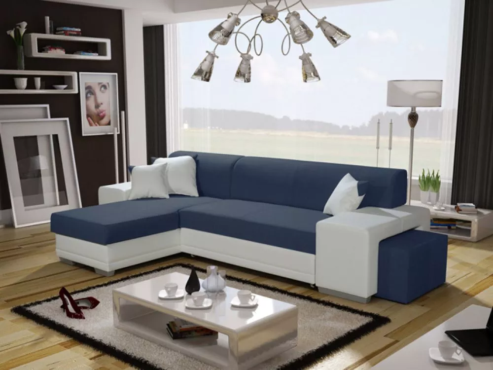 Dīvāns Vera Twin + Puf Standard · Zils + balts · 160 × 302 × 73 cm