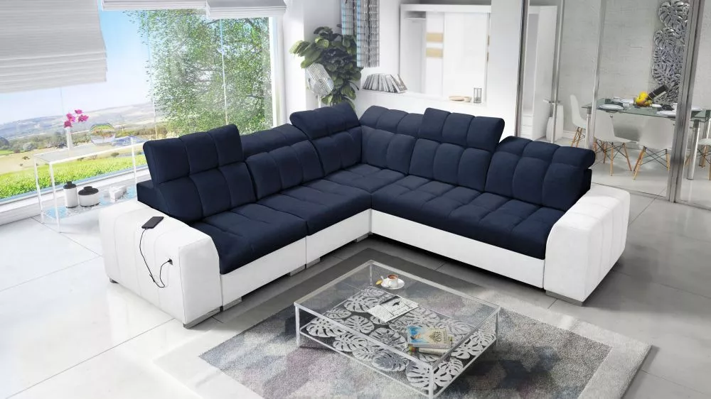 Dīvāns Pagano 3 Premium Standard · Tumši zils + balts · 285 × 285 × 83 cm