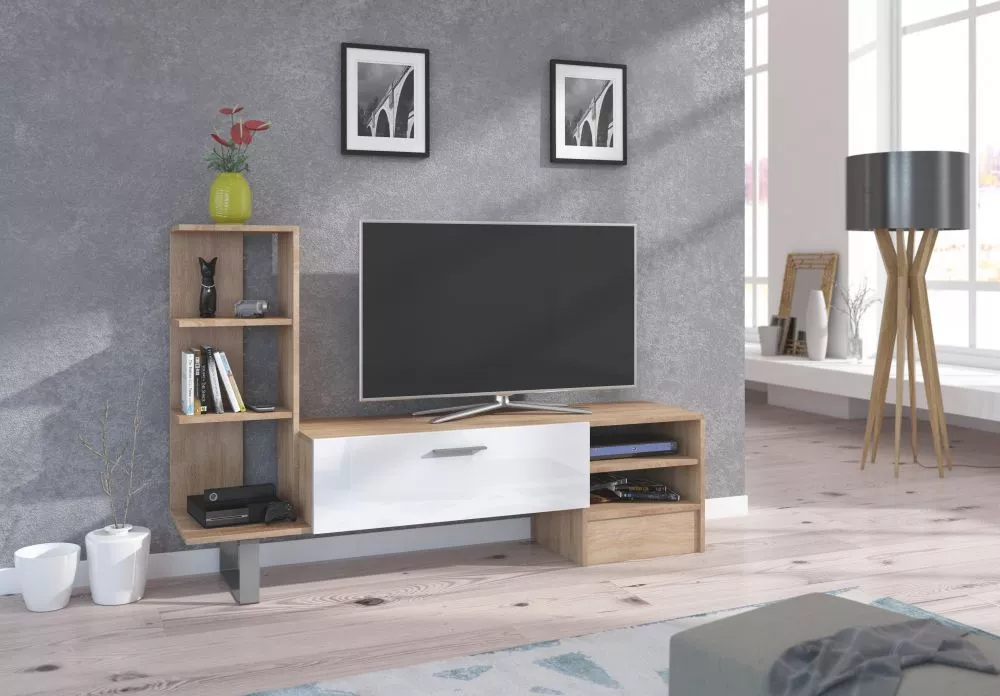 TV tumba York Classic · Sonoma + balts spīdums · 151.6 × 35 × 97 cm