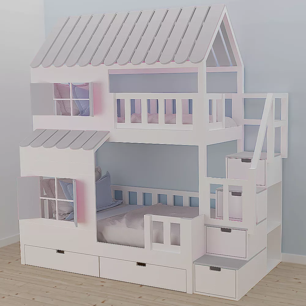 Bērnu gulta 107P ar stelāžām Kāpņu puse: Pa labi, Guļamvietas platums: 90 cm, Guļamvietas garums: 200 cm, · 127 × 252 × 
