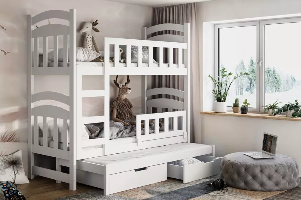 Bērnu gulta Damian 3 ar stelāžām Guļamvietas platums: 75 cm, Guļamvietas garums: 160 cm, · Balts · 81 × 168 × 160 cm