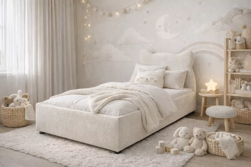 Bērnu gulta Ines 90x200 ar stelāžām Guļamvietas platums: 90 cm, Guļamvietas garums: 200 cm, · Krēma · 93 × 208 × 86 cm
