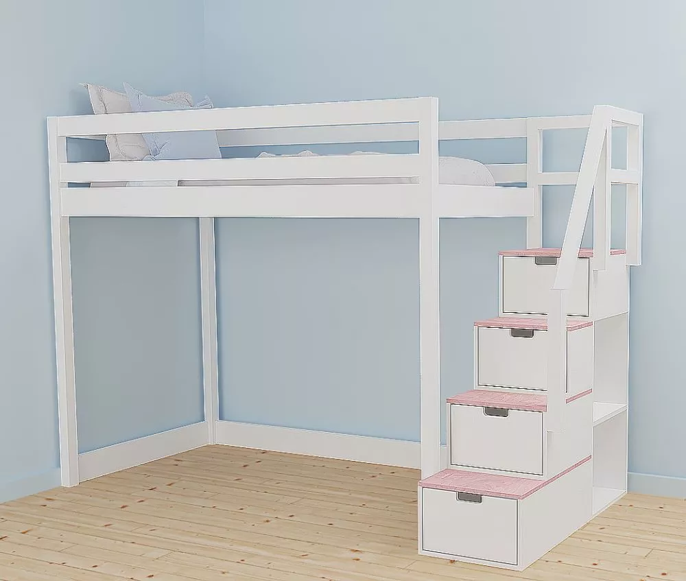 Bērnu gulta 117A ar stelāžu Kāpņu puse: Pa labi, Guļamvietas platums: 90 cm, Guļamvietas garums: 200 cm, · 118 × 252 × 1