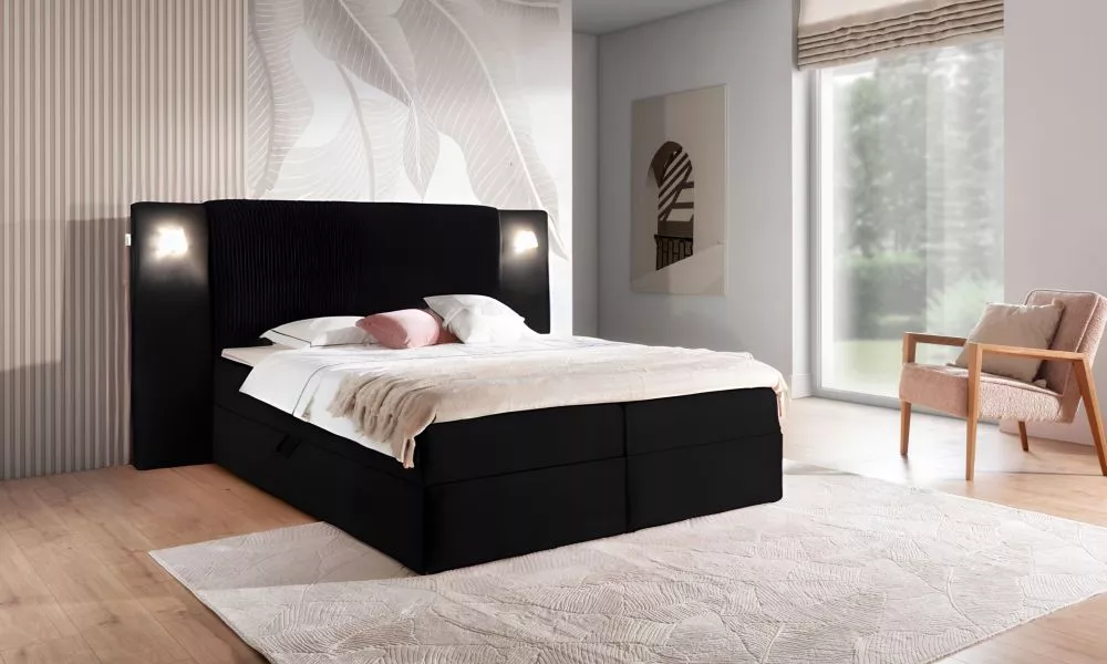 Gulta Marbella Boxspring Standard ar LED Guļamvietas platums: 120 cm, Guļamvietas garums: 200 cm, · Melns · 193 × 210 × 