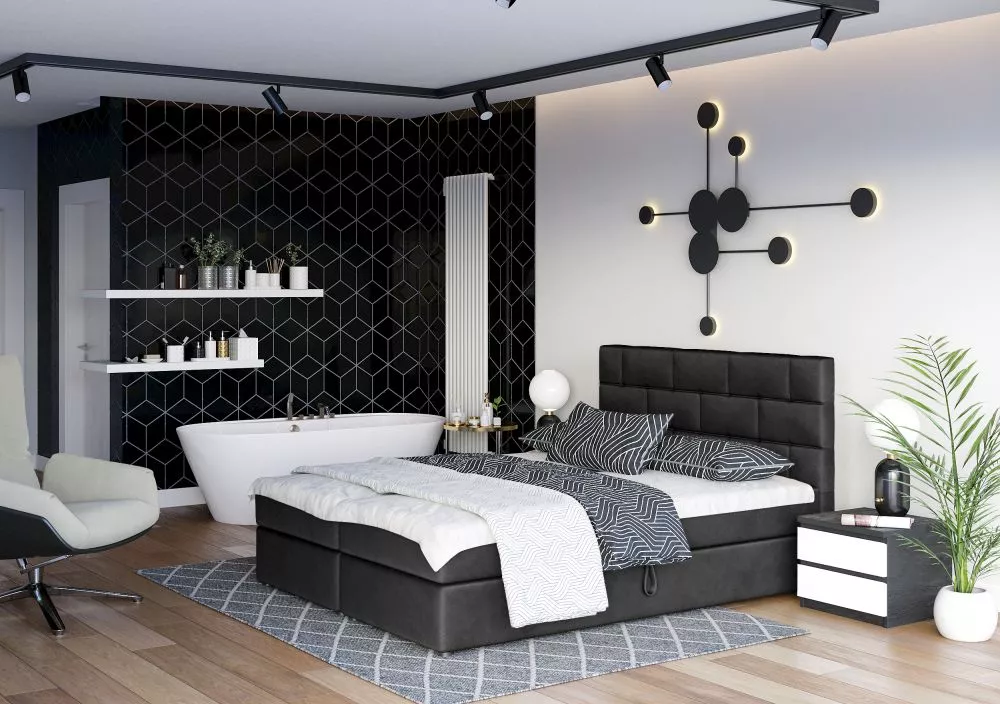 Gulta Wall Boxspring Standard Guļamvietas platums: 180 cm, Guļamvietas garums: 200 cm, · Melns · 185 × 208 × 106 cm