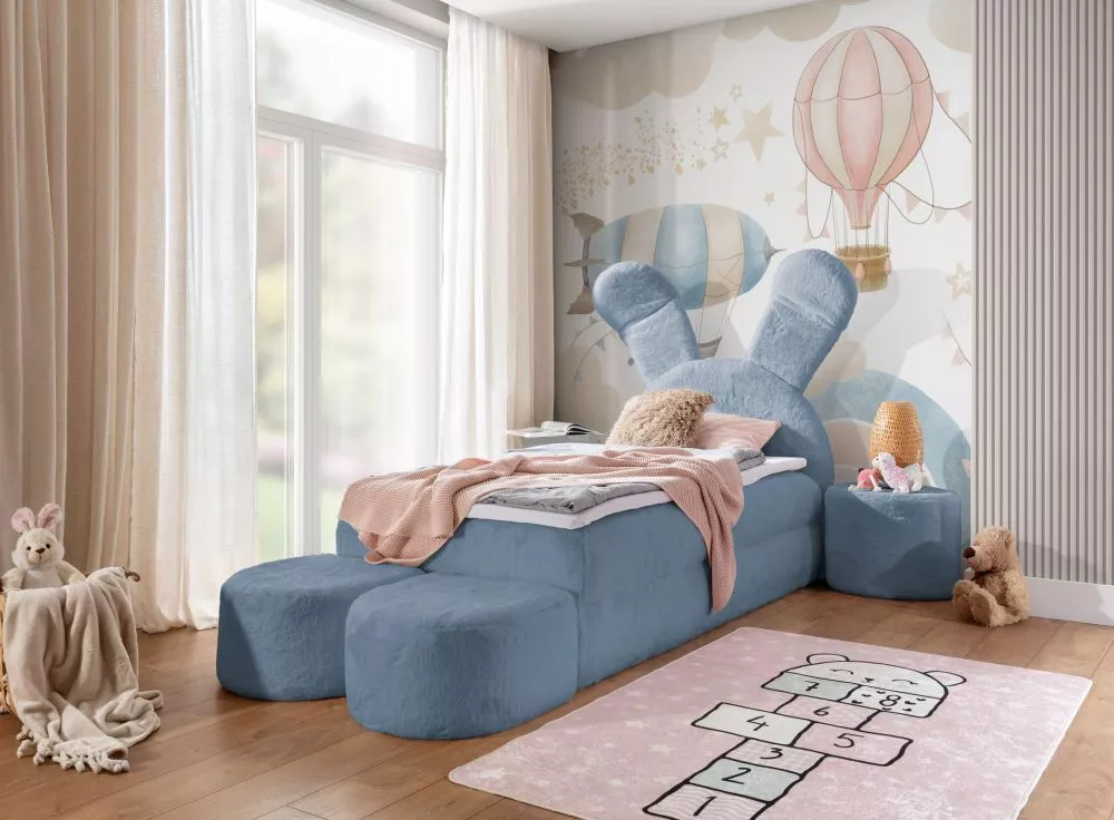 Gulta Bunny Boxspring Standard Guļamvietas platums: 100 cm, Guļamvietas garums: 200 cm, · Zils · 140 × 216 × 156 cm