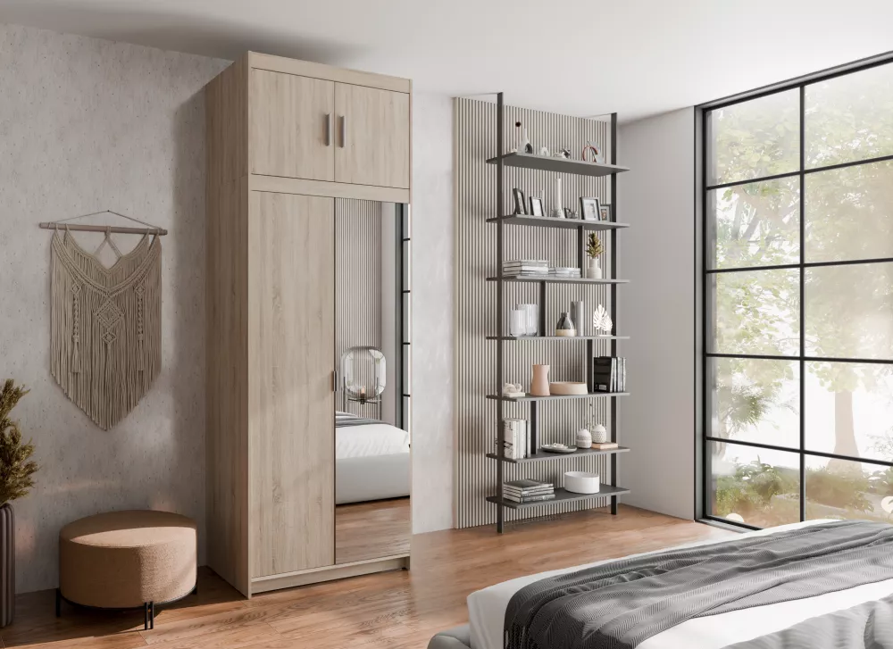 Skapis Elena 2D Premium ar spoguli · Sonoma · 89.7 × 53 × 245.5 cm