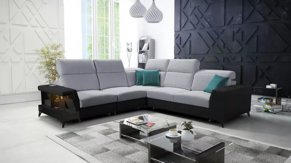Dīvāns Belutti 3 Satin Black Standard ar LED · Pelēks + melns · 288 × 288 × 84 cm