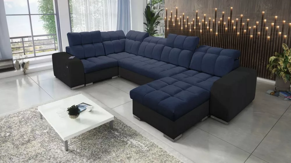 Dīvāns Pagano 4 Premium Standard · Tumši zils + melns · 210 × 362 × 83 cm