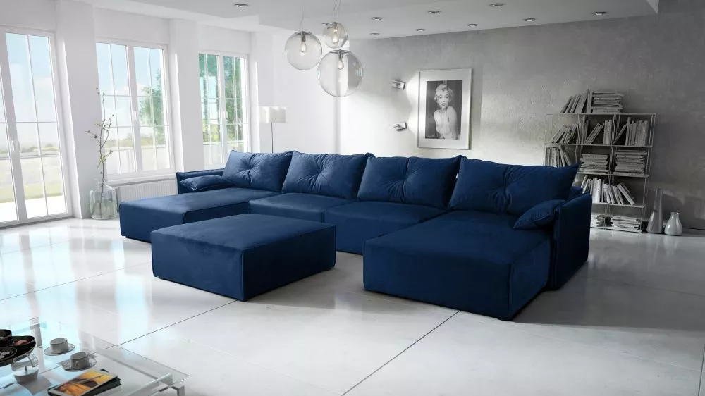 Dīvāns Leon U Standard ar pufu · Zils · 179 × 420 × 85 cm