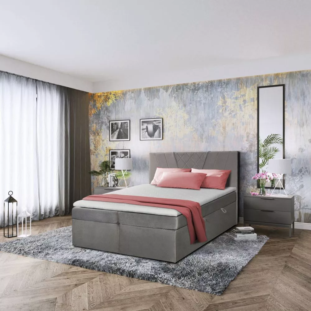 Gulta Glam Boxspring Standard Guļamvietas platums: 180 cm, Guļamvietas garums: 200 cm, · Pelēks · 184 × 209 × 120 cm