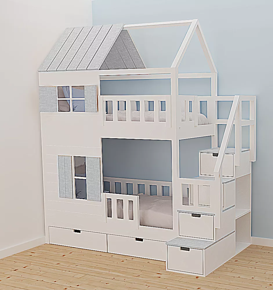 Bērnu gulta 105P ar stelāžām Kāpņu puse: Pa labi, Guļamvietas platums: 90 cm, Guļamvietas garums: 200 cm, · 118 × 252 × 