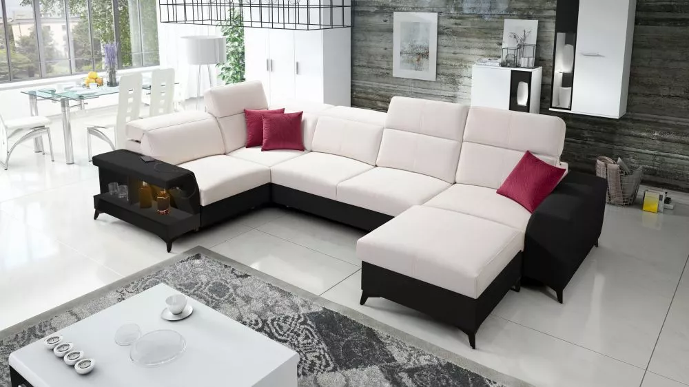 Dīvāns Belutti 4 Satin Black Standard ar LED · Krēma + melns · 212 × 362 × 84 cm