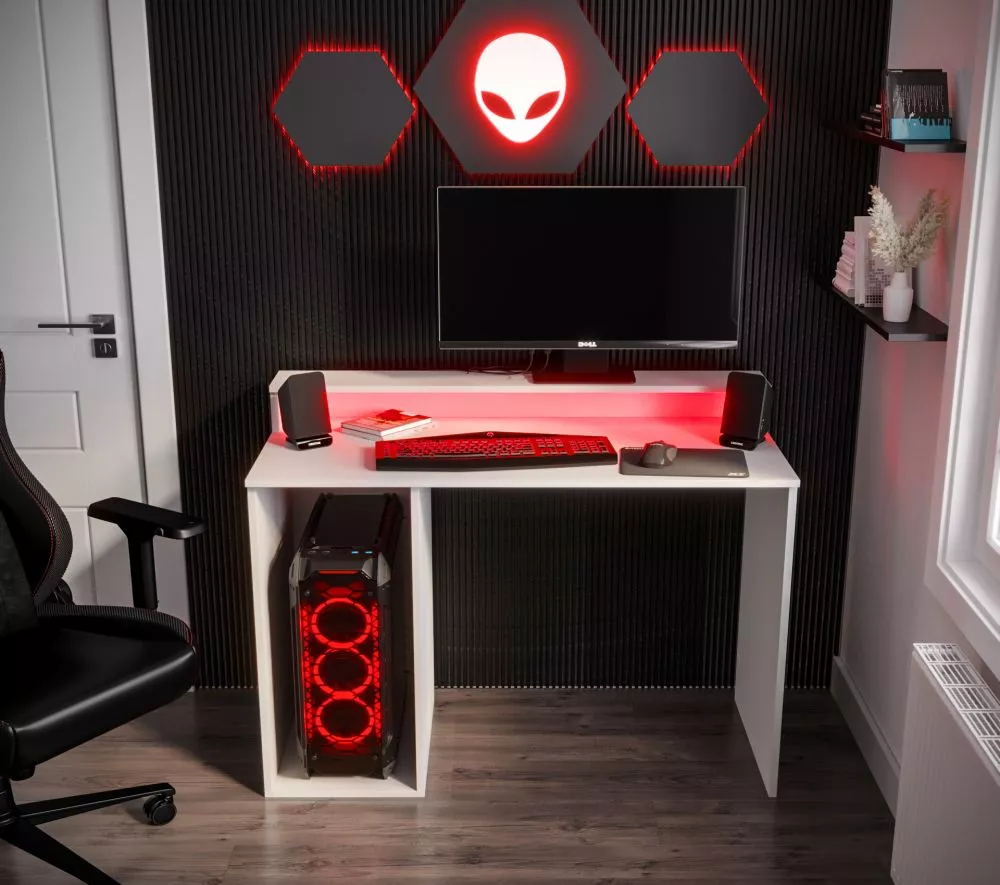 Galds Gamer 2 ar LED · Balts · 107 × 90 × 50 cm