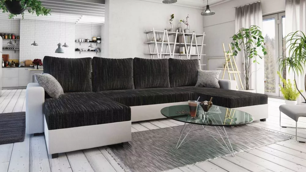 Dīvāns Tripolis U standard · Melns + balts · 160 × 345 × 71 cm