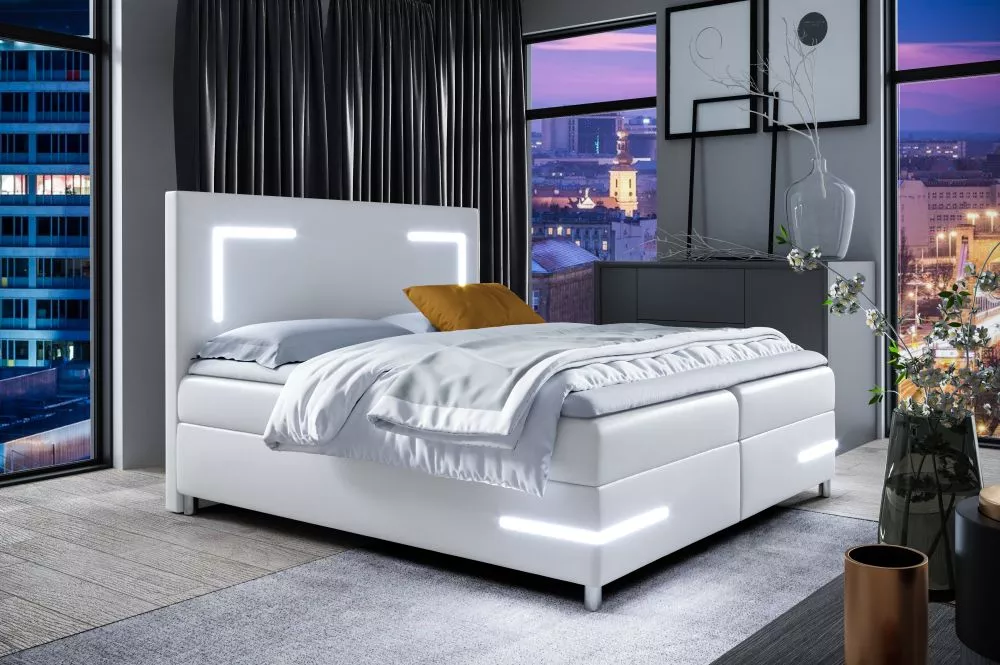 Gulta Delos Boxspring Standard ar LED Guļamvietas platums: 160 cm, Guļamvietas garums: 200 cm, · Balts · 160 × 211 × 120