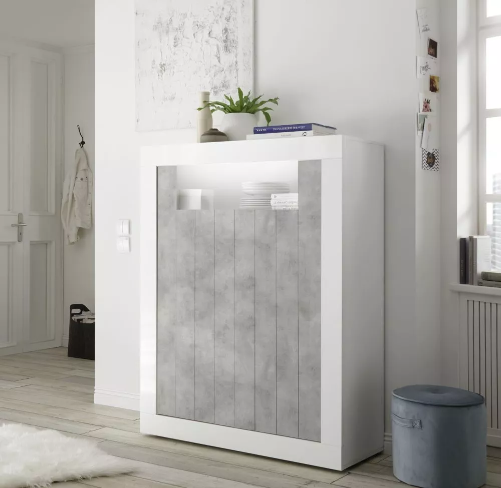 Grāmatu skapis Urbino KW2D ar LED Korpusa krāsa: balts, Elementu krāsa: betons, · 110 × 42 × 144 cm