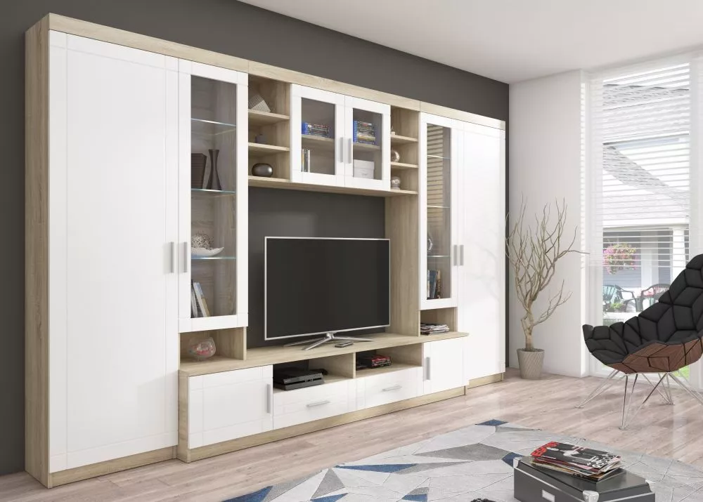 Sekcija Paris M · Ozols sonoma + balts · 340 × 44 × 197.5 cm