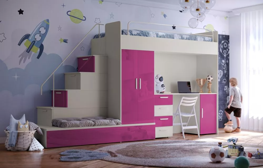 Bērnu gulta Raj 5 C gloss ar stelāžu Guļamvietas platums: 80 cm, Guļamvietas garums: 200 cm, · 85 × 324 × 180 cm