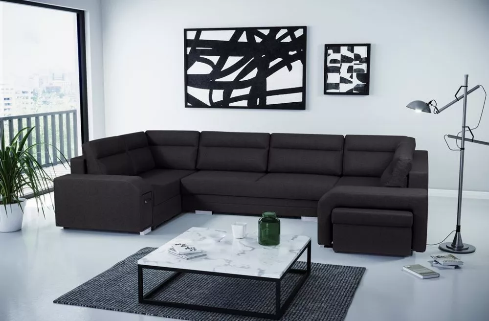 Dīvāns Alvares U Standard · Melns · 205 × 370 × 90 cm