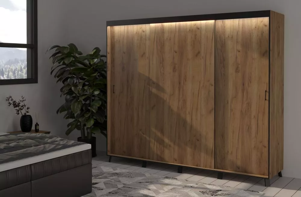 Skapis Bergamo ar LED · Ozols craft zelts · 250 × 61 × 215 cm