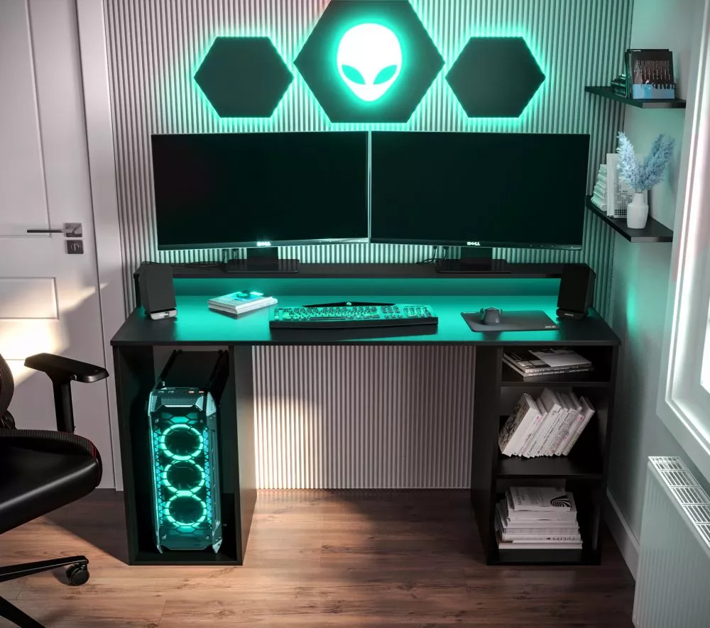 Galds Gamer 1 ar LED · Melns · 138 × 90 × 50 cm