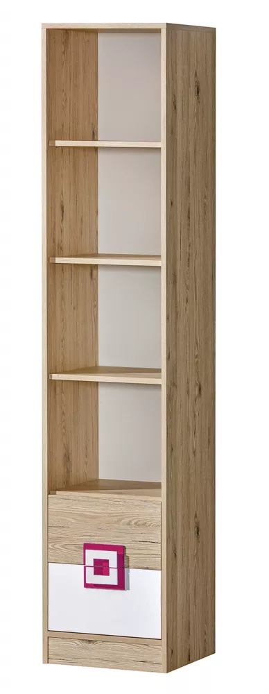 Grāmatu skapis Nico 06 Korpusa krāsa: ozols + balts, Elementu krāsa: rozā, · 40 × 40 × 190 cm