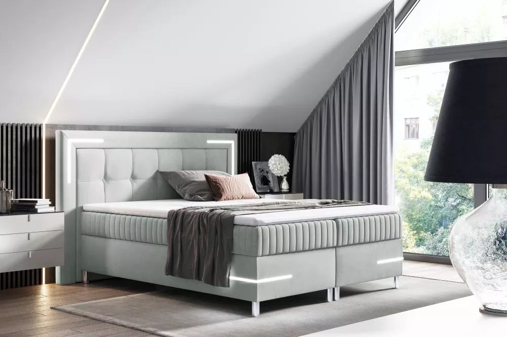 Gulta Tango 1 Boxspring Standard ar LED Guļamvietas platums: 120 cm, Guļamvietas garums: 200 cm, · Gaiši pelēks · 152 × 