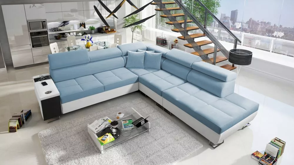 Dīvāns Morena 9 Premium Standard · Gaiši zils + balts · 283 × 298 × 84 cm