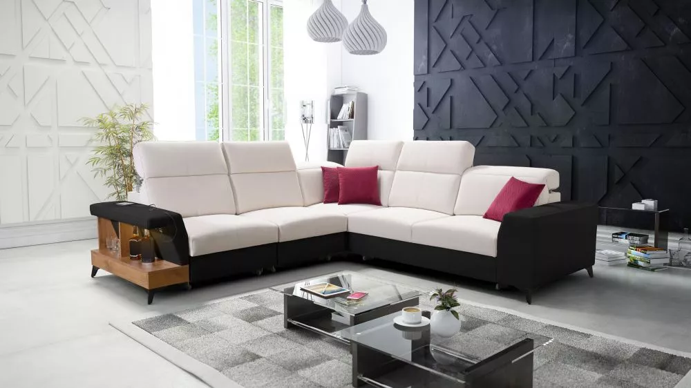 Dīvāns Belutti 3 Lancelot Standard ar LED · Krēma + melns · 288 × 288 × 84 cm