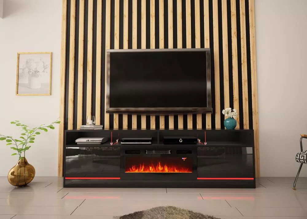 TV tumba Despertar 200 LED ar kamīnu · Melns · 200 × 33.2 × 60.8 cm