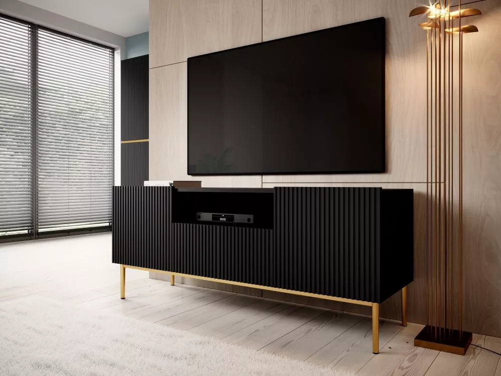 TV tumba Nicole RTV 150 2D1SZ Gold · Melns · 150 × 45 × 60 cm