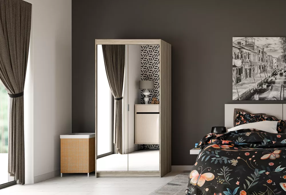 Skapis Elena 2D ar spoguļiem · Sonoma · 89.7 × 53 × 190.5 cm